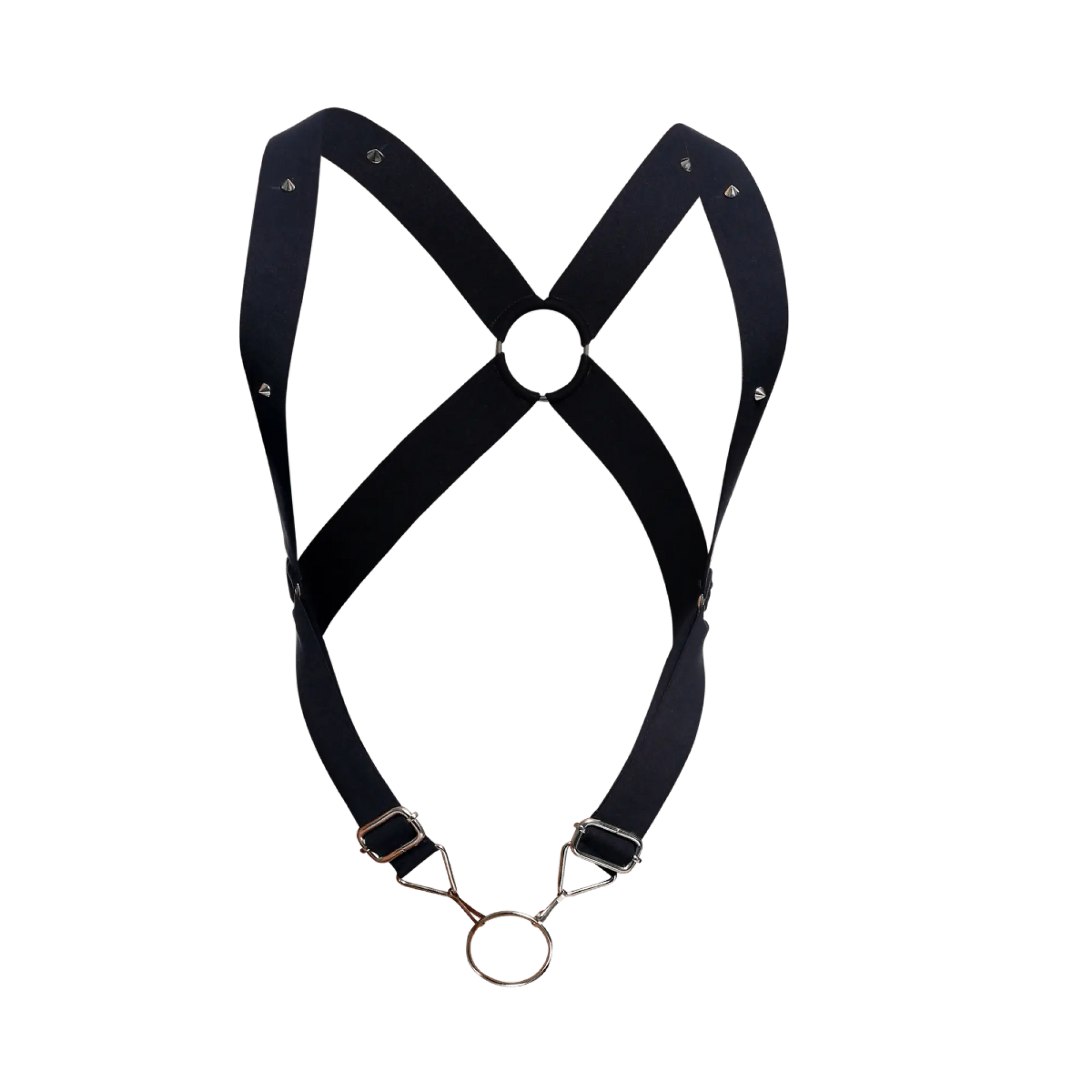 Black leather crossback harness by dngeon with silver toned metal hardware and central ring detail