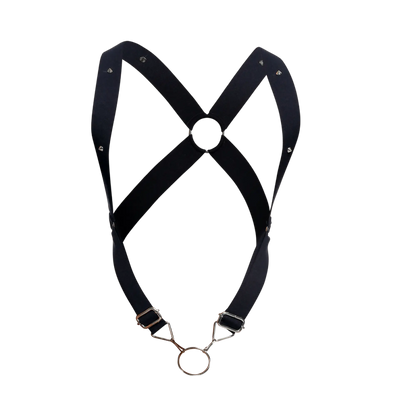 Black leather crossback harness by dngeon with silver toned metal hardware and central ring detail