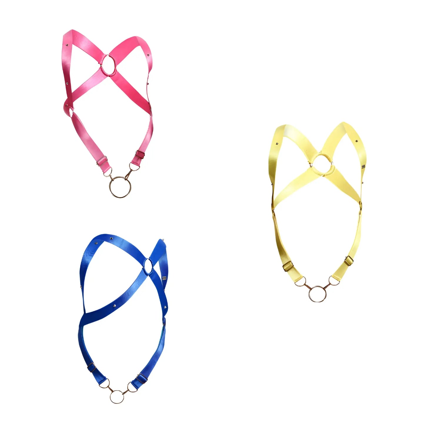 Pink yellow and blue satin dngeon crossback harness with metal rings shown from the back side