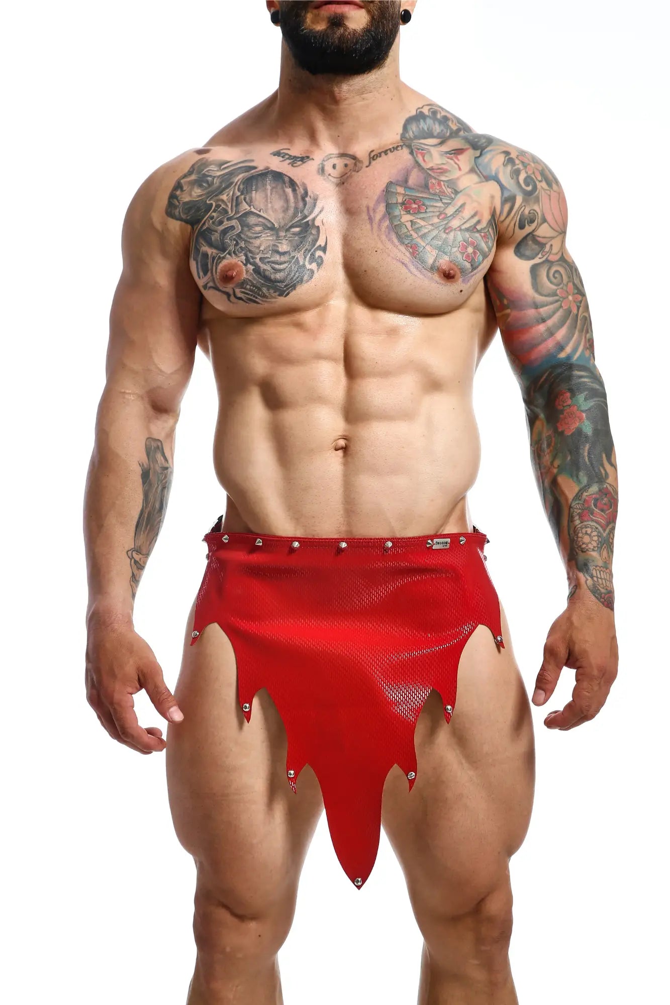 Dngeon fire skirt red shiny mesh fabric shorts with jagged hemline and silver studs along edges