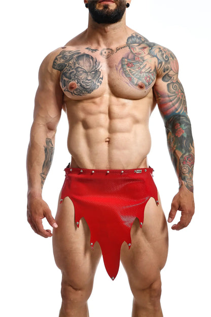 Dngeon fire skirt red shiny mesh fabric shorts with jagged hemline and silver studs along edges