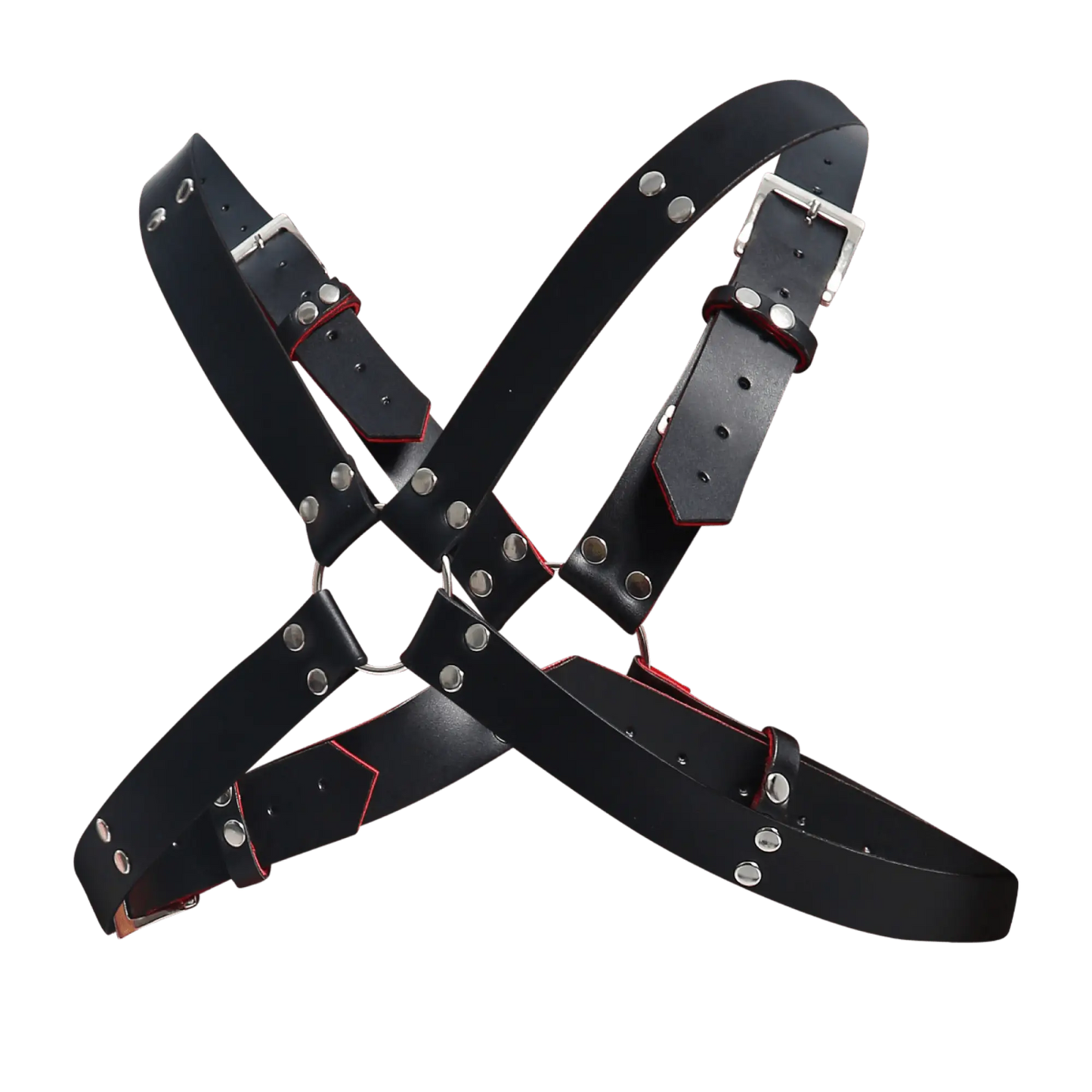 Dngeon harness belts cross black leather harness with silver metal buckles and studs accented by red stitching