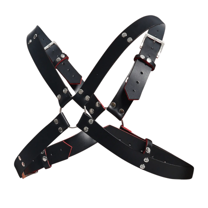Dngeon harness belts cross black leather harness with silver metal buckles and studs accented by red stitching