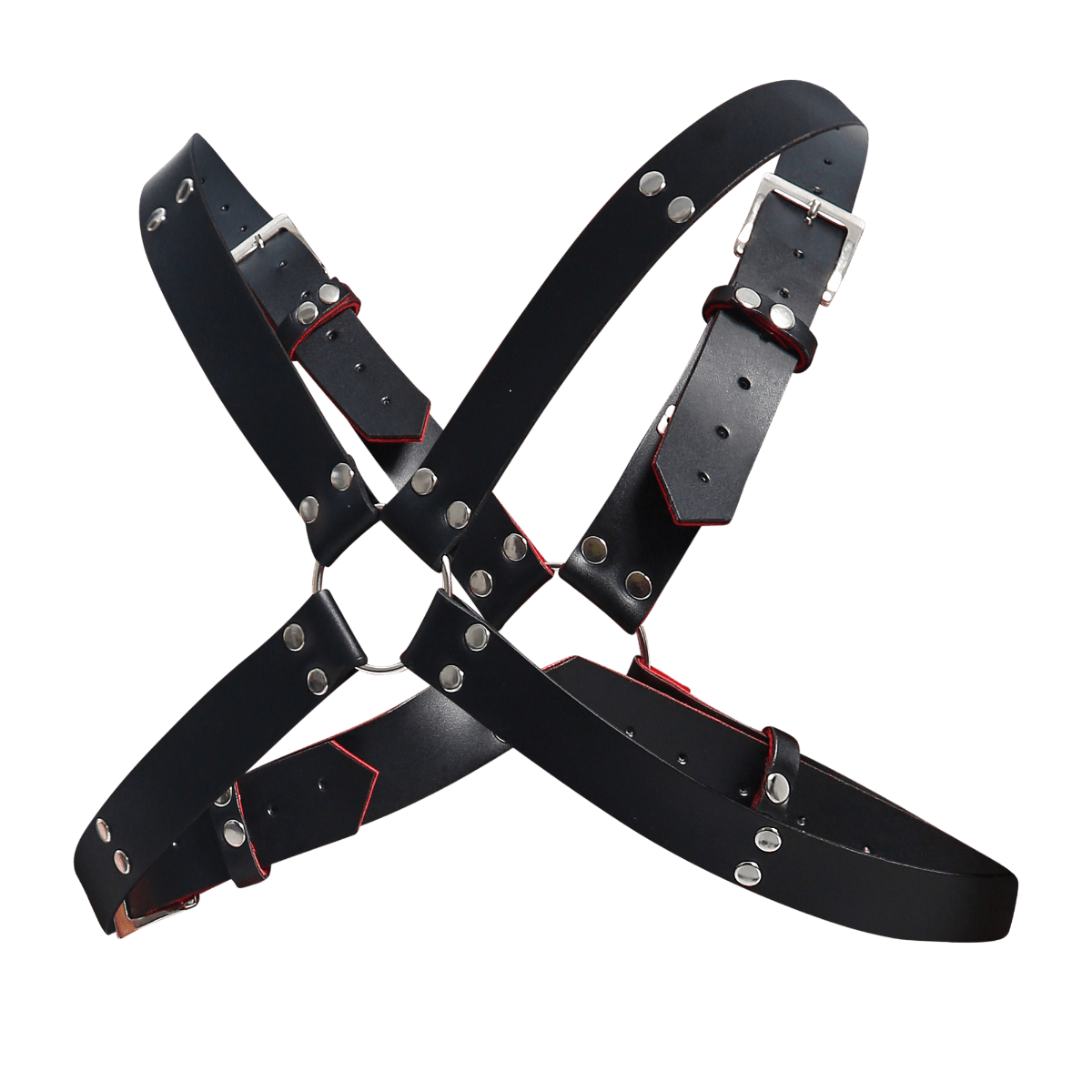 DnGEON harness belts cross black leather harness with silver metal buckles studs and red stitching accents