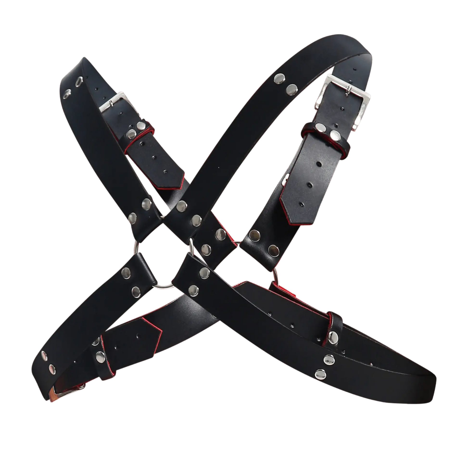 DnGEON harness belts cross black leather harness with silver metal buckles studs and red stitching accents