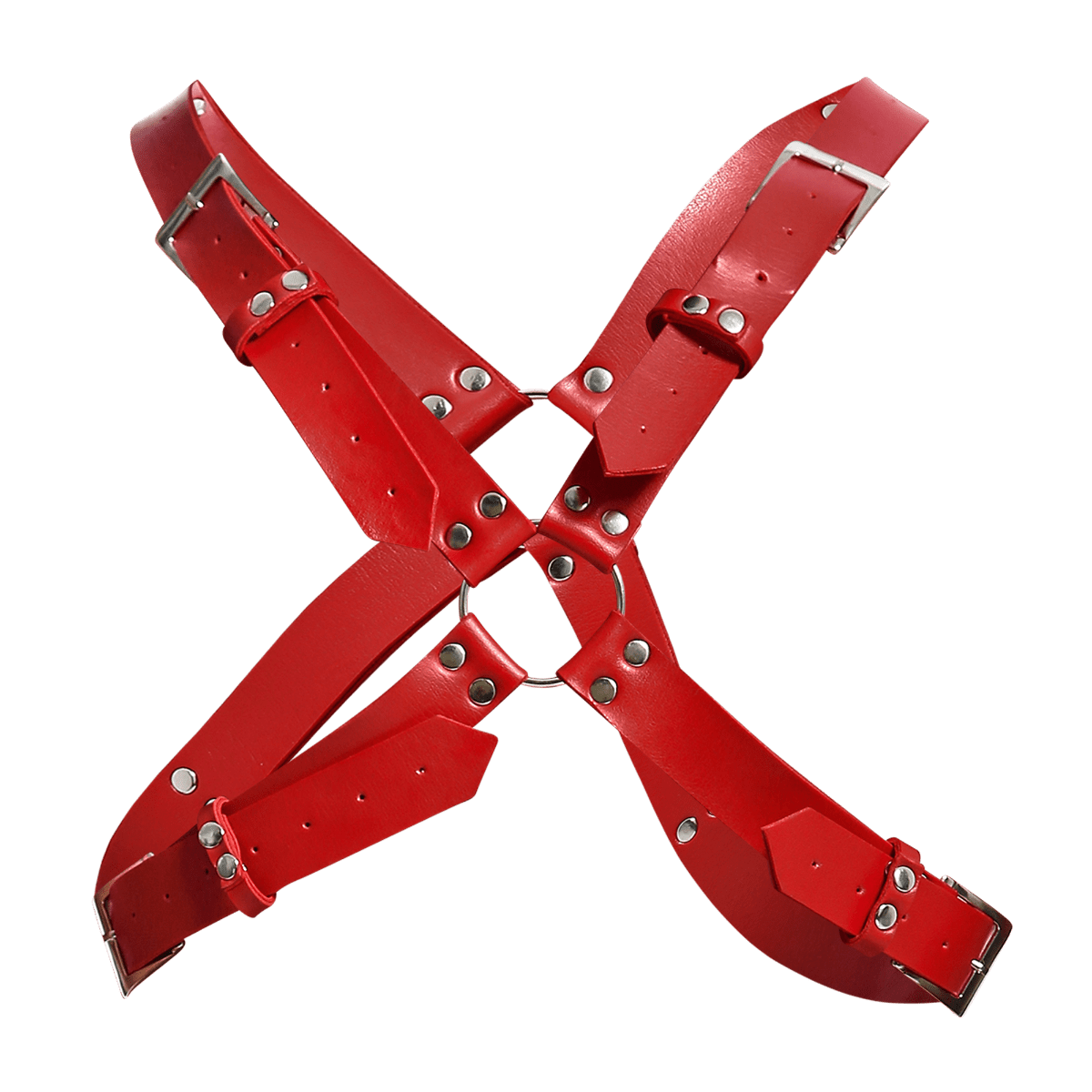 Dngeon harness belts cross red leather x shaped harness with silver toned metal buckles and rivets