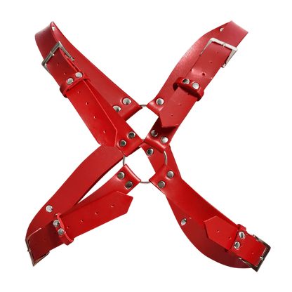 Dngeon harness belts cross red leather x shaped harness with silver toned metal buckles and rivets