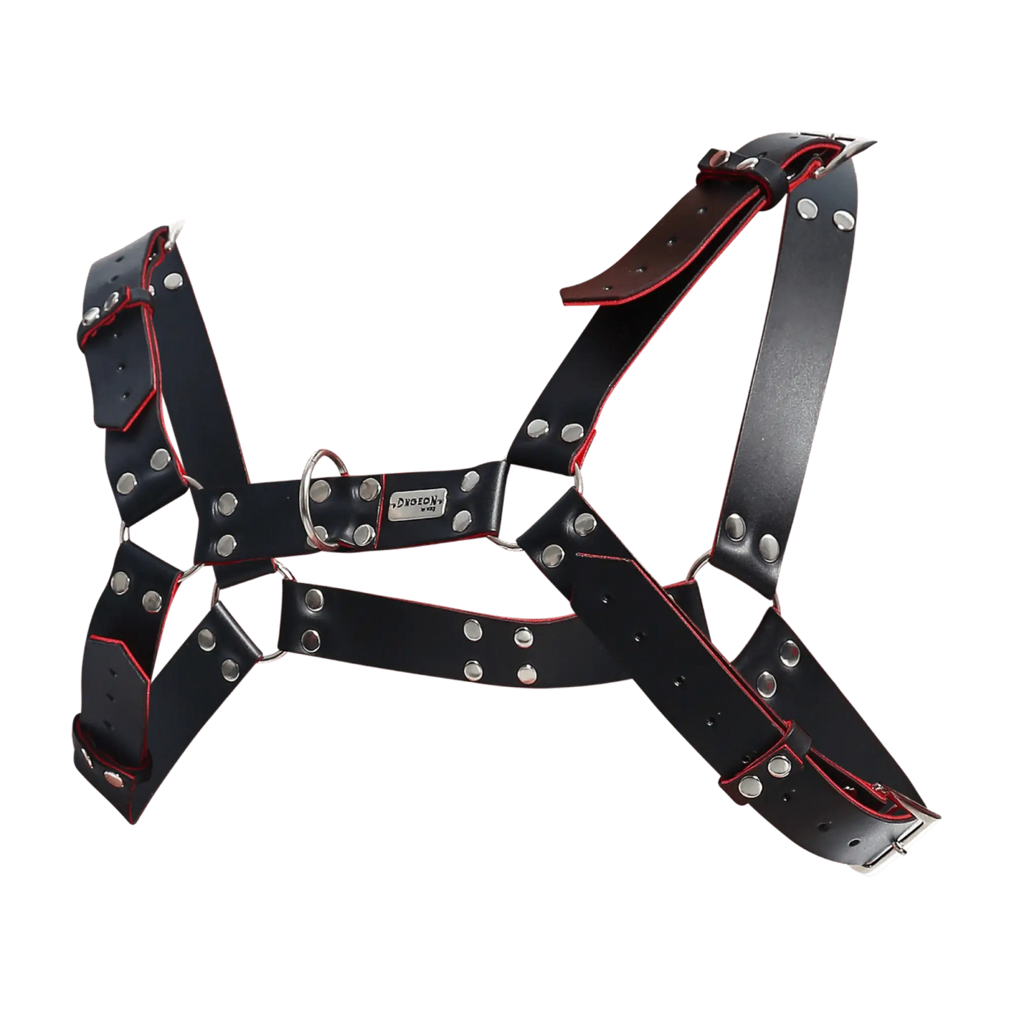 Dngeon harness belts in black leather with red stitching and silver-toned metal hardware for adjustable wear