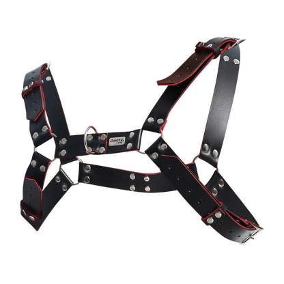 Dngeon harness belts in black leather with red stitching and silver-toned metal hardware for adjustable wear