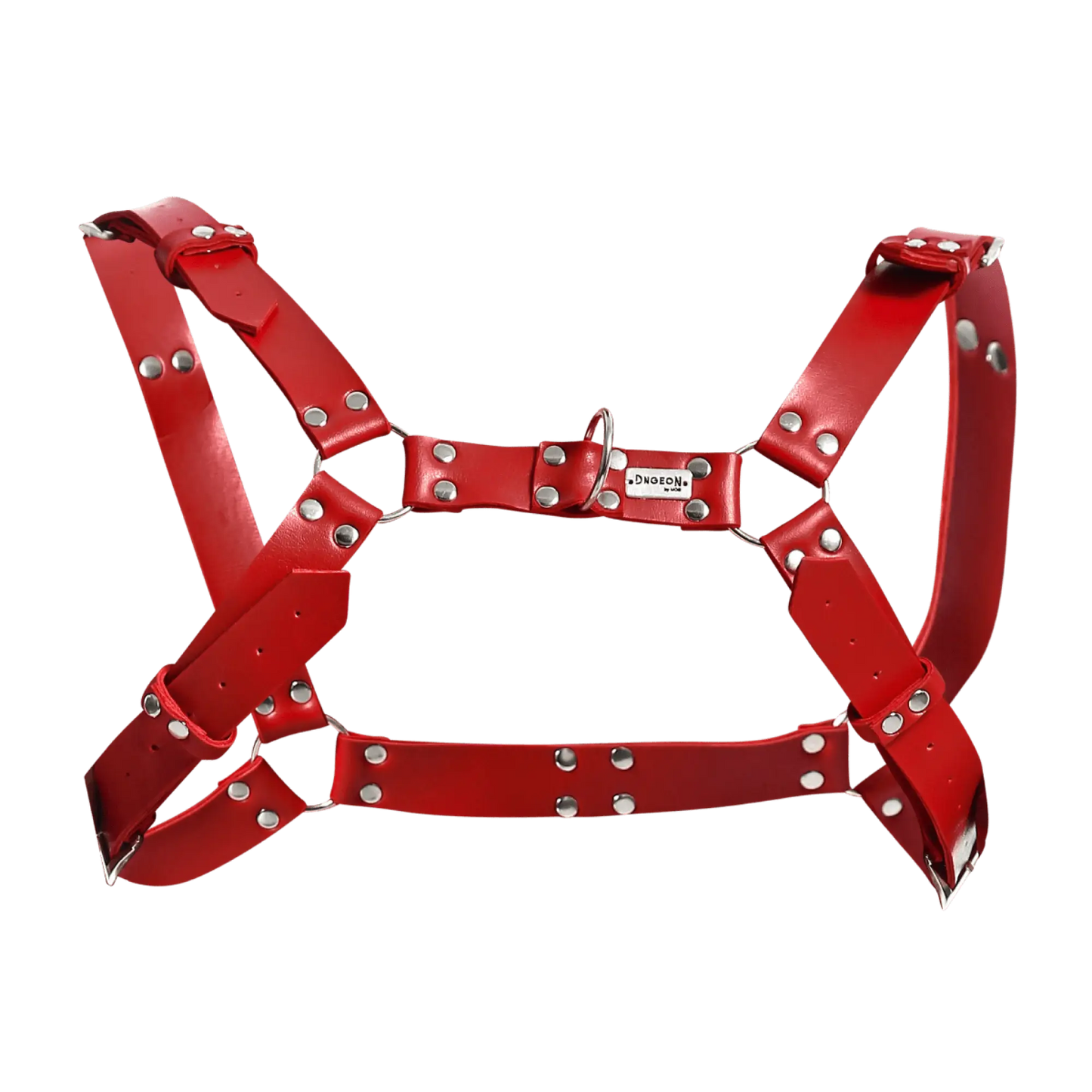 Red leather DNGEON harness belt with silver-toned metal hardware and a small brand tag