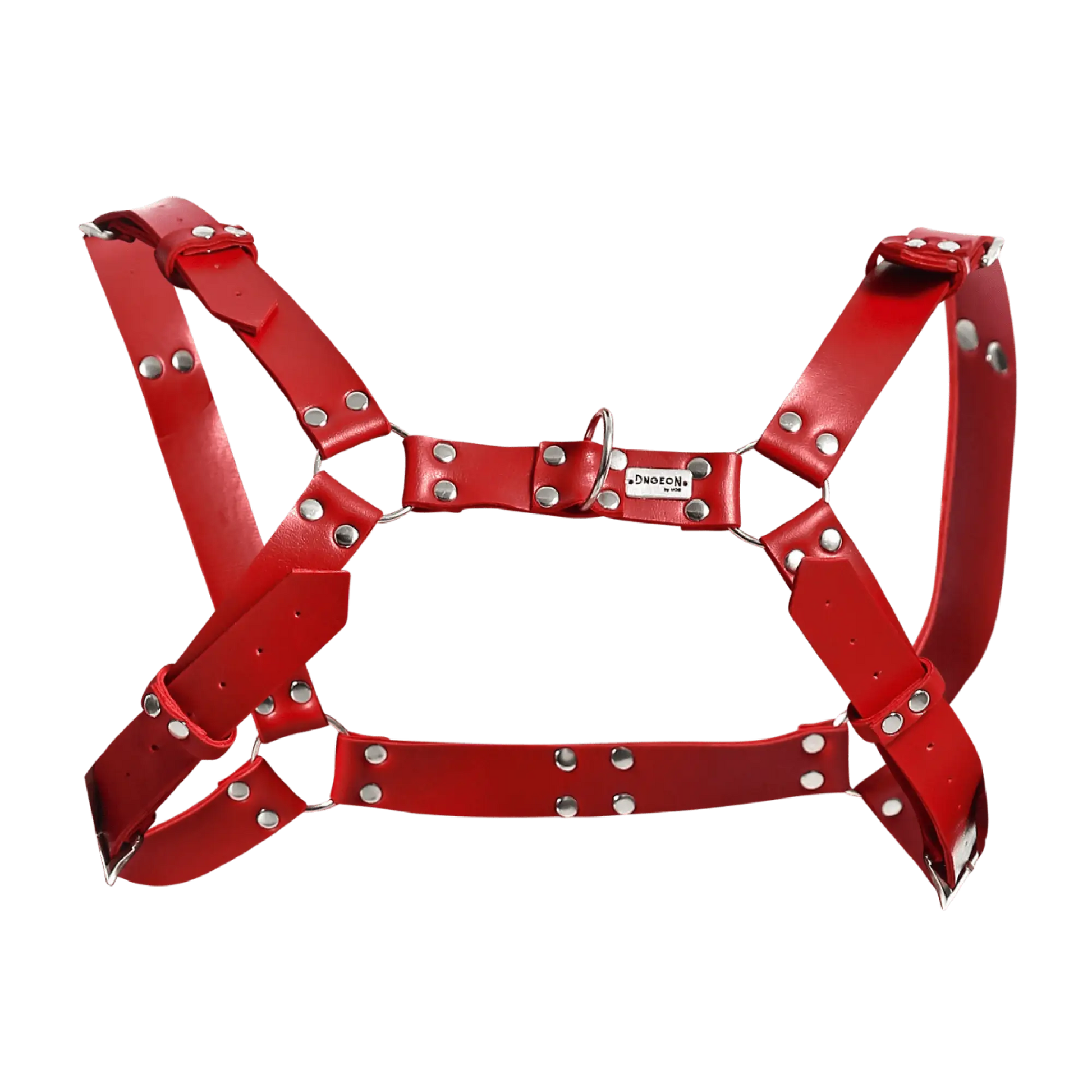 Red leather DNGEON harness belt with silver-toned metal hardware and a small brand tag
