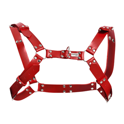 Red leather DNGEON harness belt with silver-toned metal hardware and a small brand tag