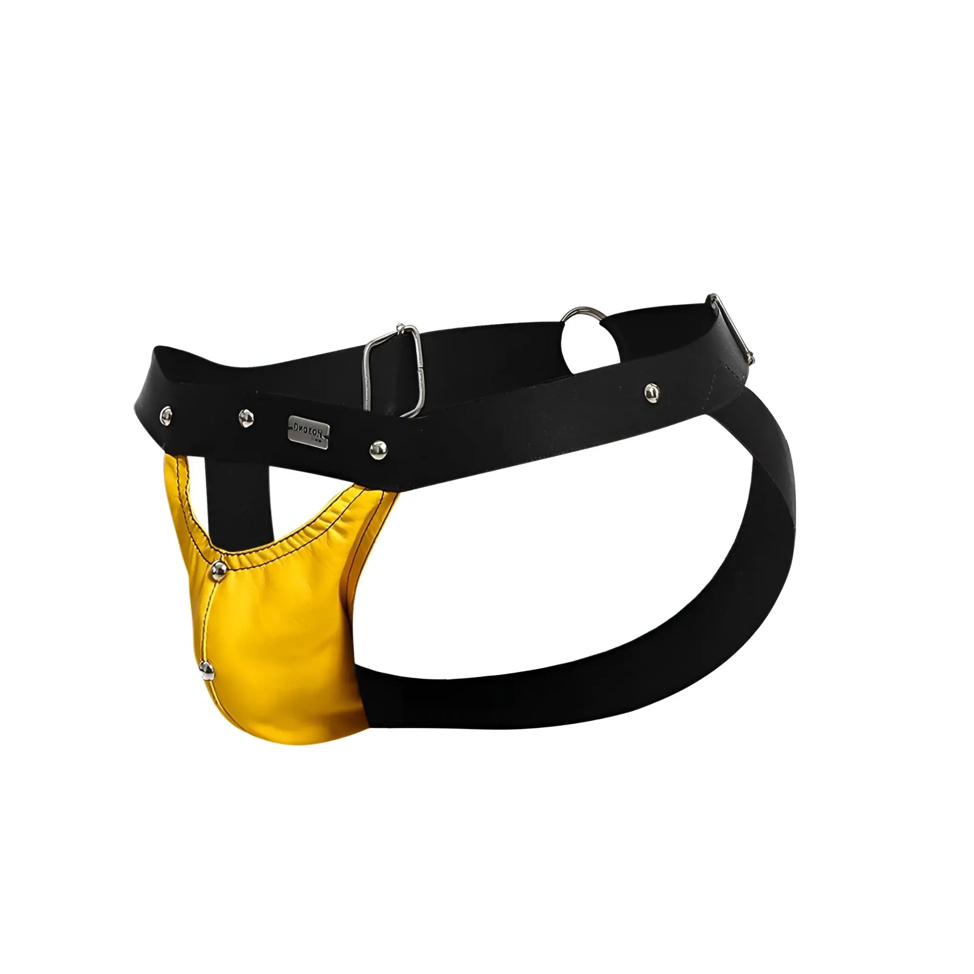 Black and gold leather dngeon peekaboo jockstrap with silver toned metal hardware showcasing front design
