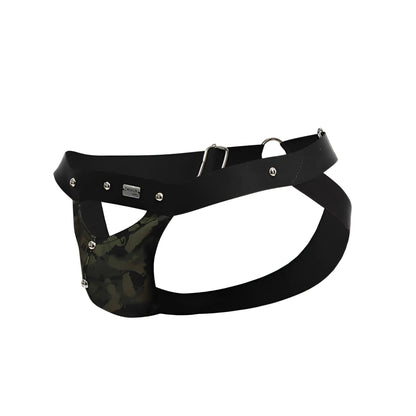 Dngeon peekaboo jockstrap black leather harness with camouflage front panel and silver metal hardware