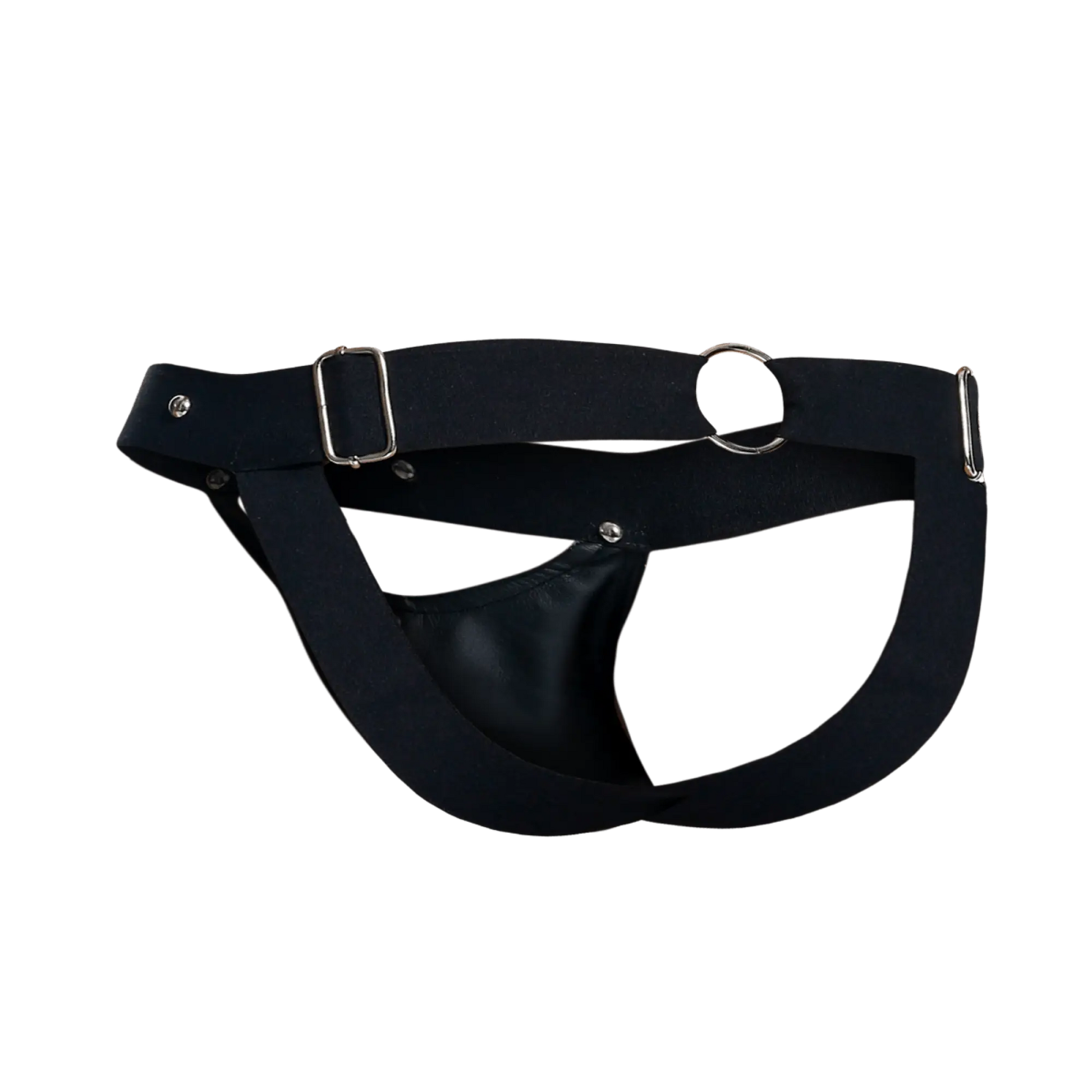 Black leather harness with silver metal buckles and hardware in dngeon peekaboo jockstrap front view