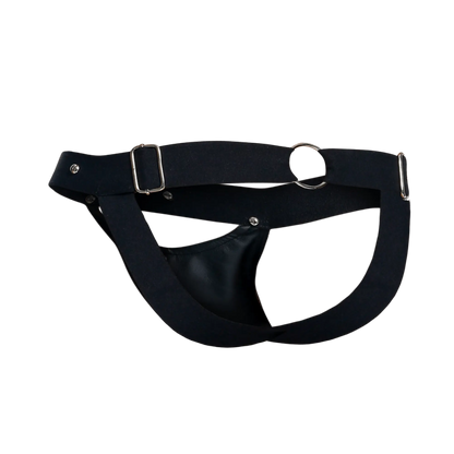 Black leather harness with silver metal buckles and hardware in dngeon peekaboo jockstrap front view