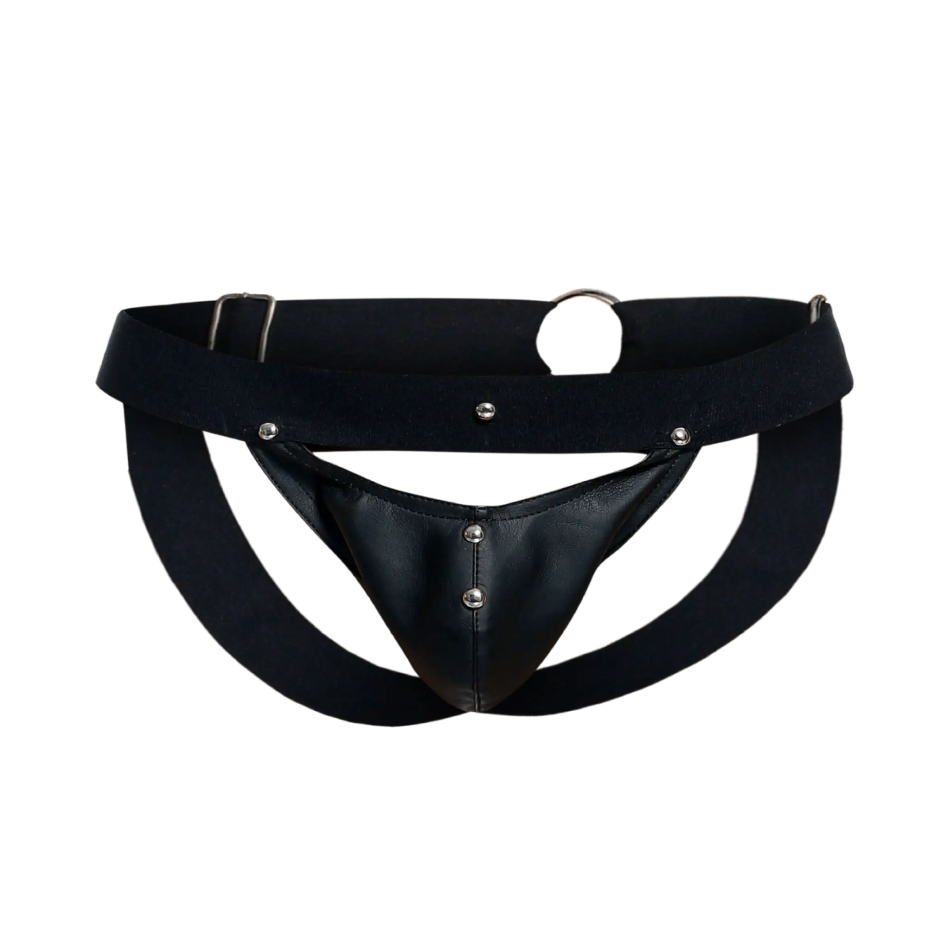 Black leather thong jockstrap by dngeon with silver metal studs and a wide waistband displayed from the front