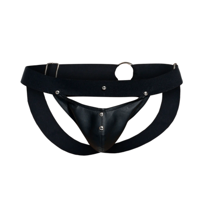 Black leather thong jockstrap by dngeon with silver metal studs and a wide waistband displayed from the front