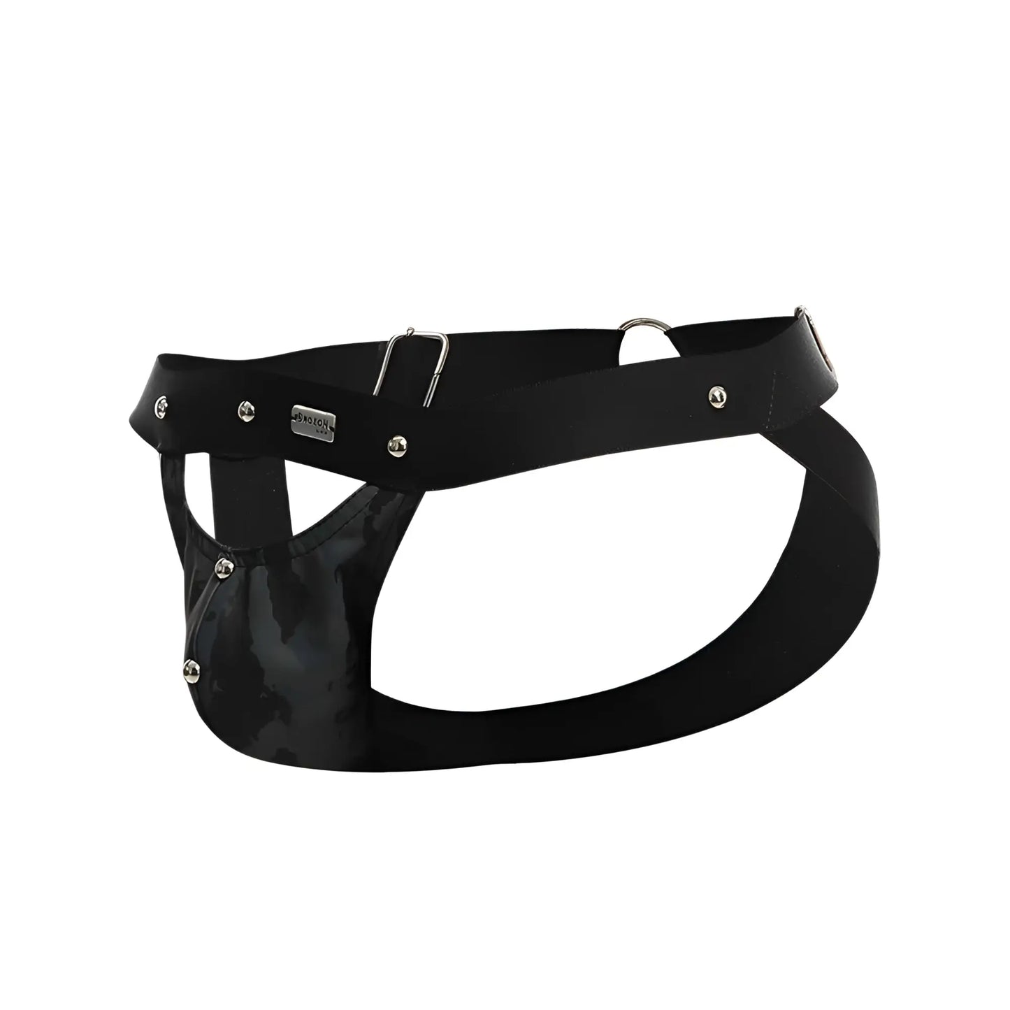 Black patent leather harness jockstrap with silver metal hardware and branded plaque by dngeon peekaboo