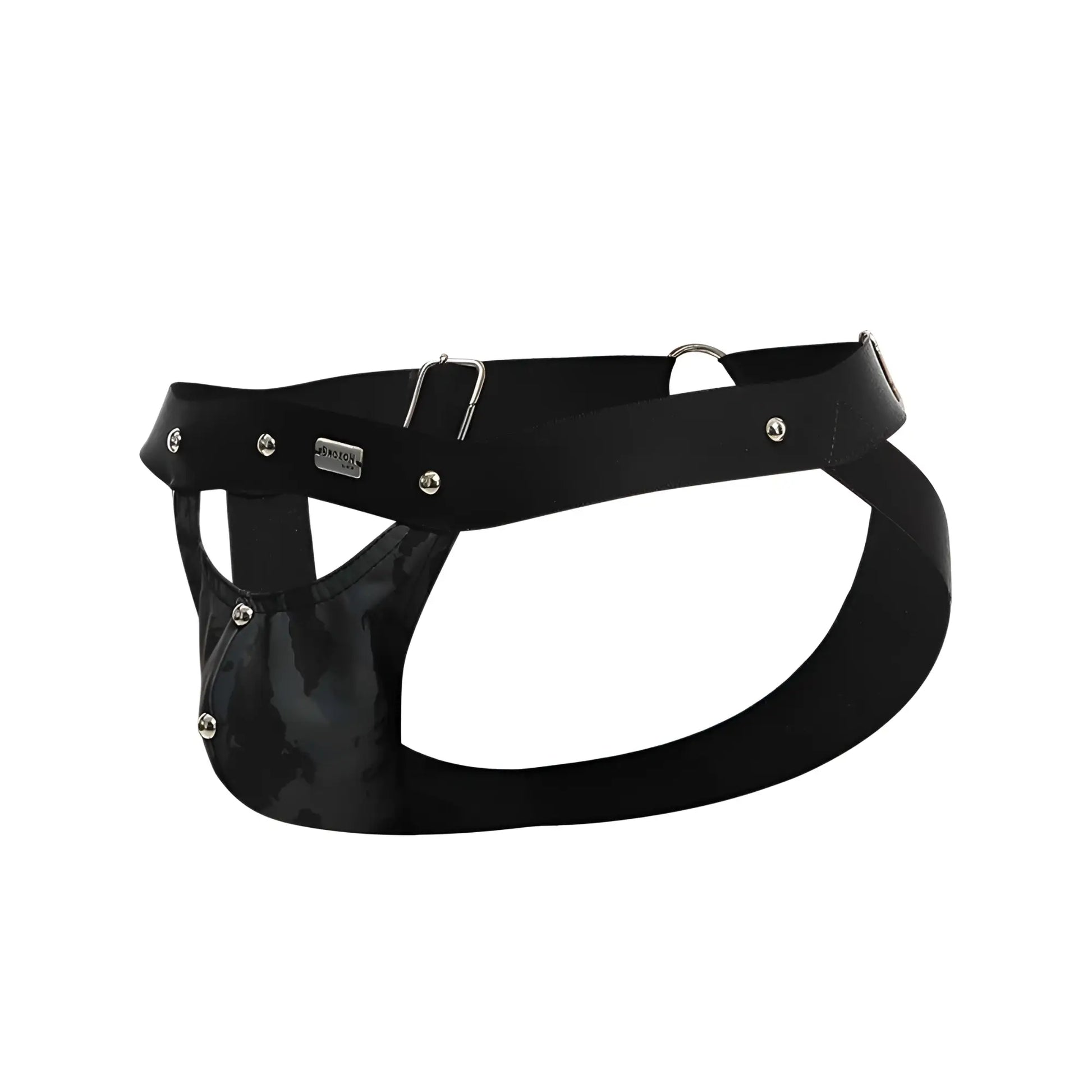 Black patent leather harness jockstrap with silver metal hardware and branded plaque by dngeon peekaboo