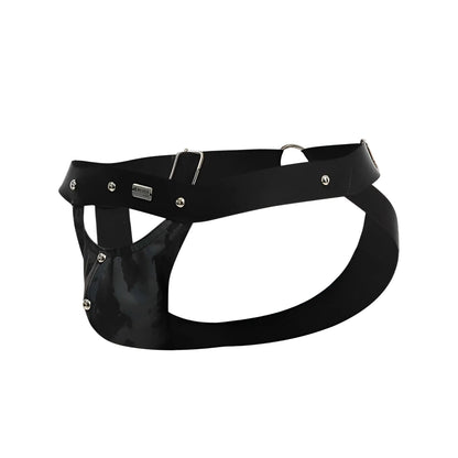 Black patent leather harness jockstrap with silver metal hardware and branded plaque by dngeon peekaboo