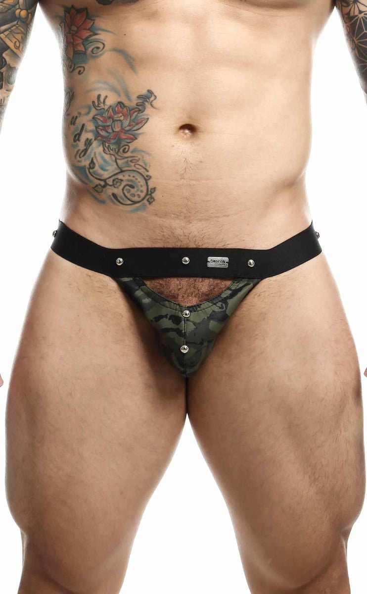 Dngeon peekaboo jockstrap camouflage thong with black elastic waistband and silver metal studs showing back side