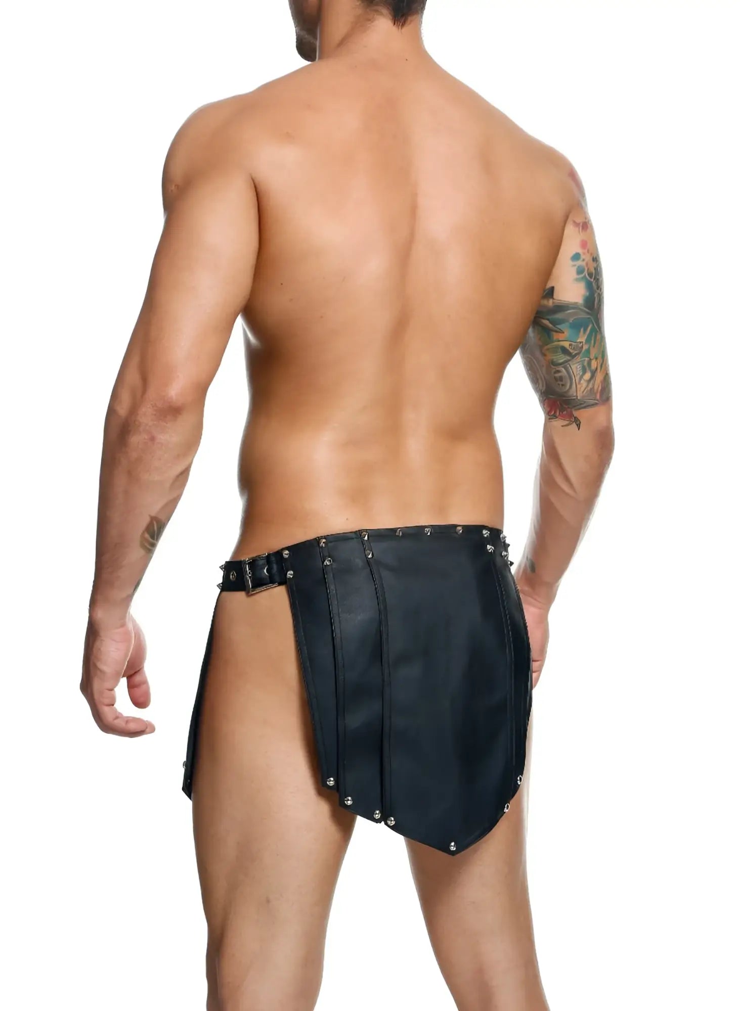 Dngeon roman skirt black leather shorts with silver studs along edges and a belt buckle at the waist in new colors