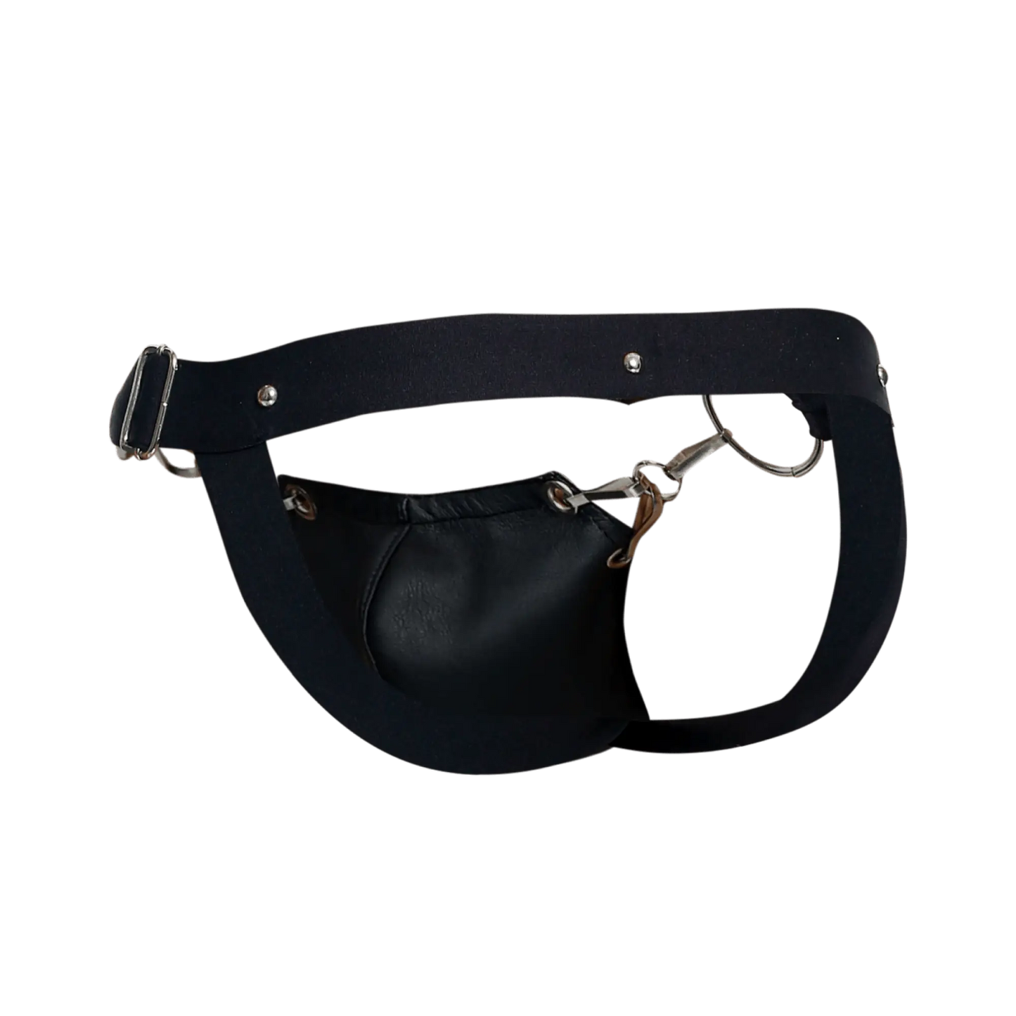 Black leather fanny pack with silver buckle and metal hardware featured with dngeon snap jockstrap product