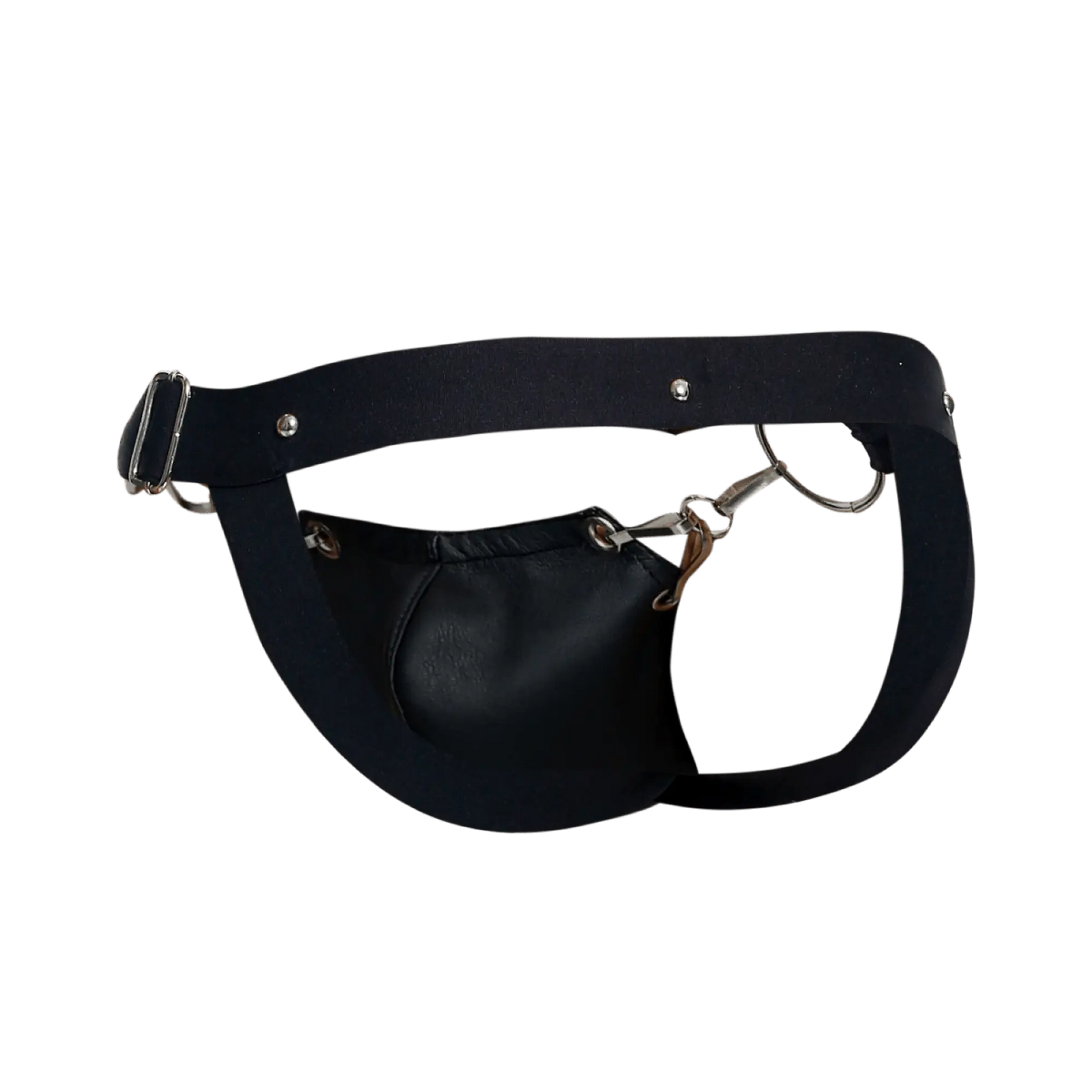 Black leather fanny pack with silver buckle and metal hardware featured with dngeon snap jockstrap product