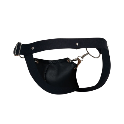 Black leather fanny pack with silver buckle and metal hardware featured with dngeon snap jockstrap product