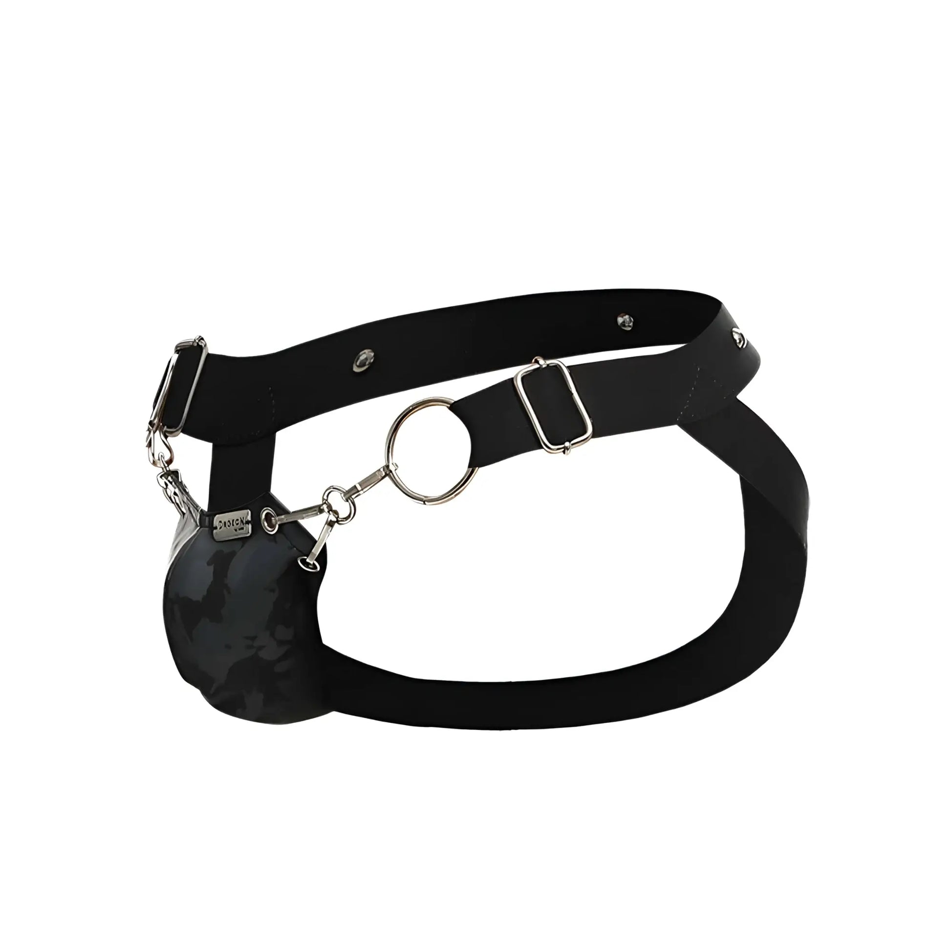 Black leather dngeon snap jockstrap with silver metal hardware and camouflage pouch attached by chains