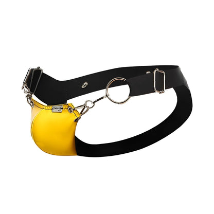 Dngeon snap jockstrap featuring a black leather belt with a bright yellow pouch attached by silver hardware chains rings
