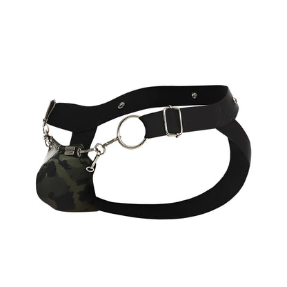 Dngeon snap jockstrap black leather harness with silver hardware and camouflage patterned pouch shown from back side