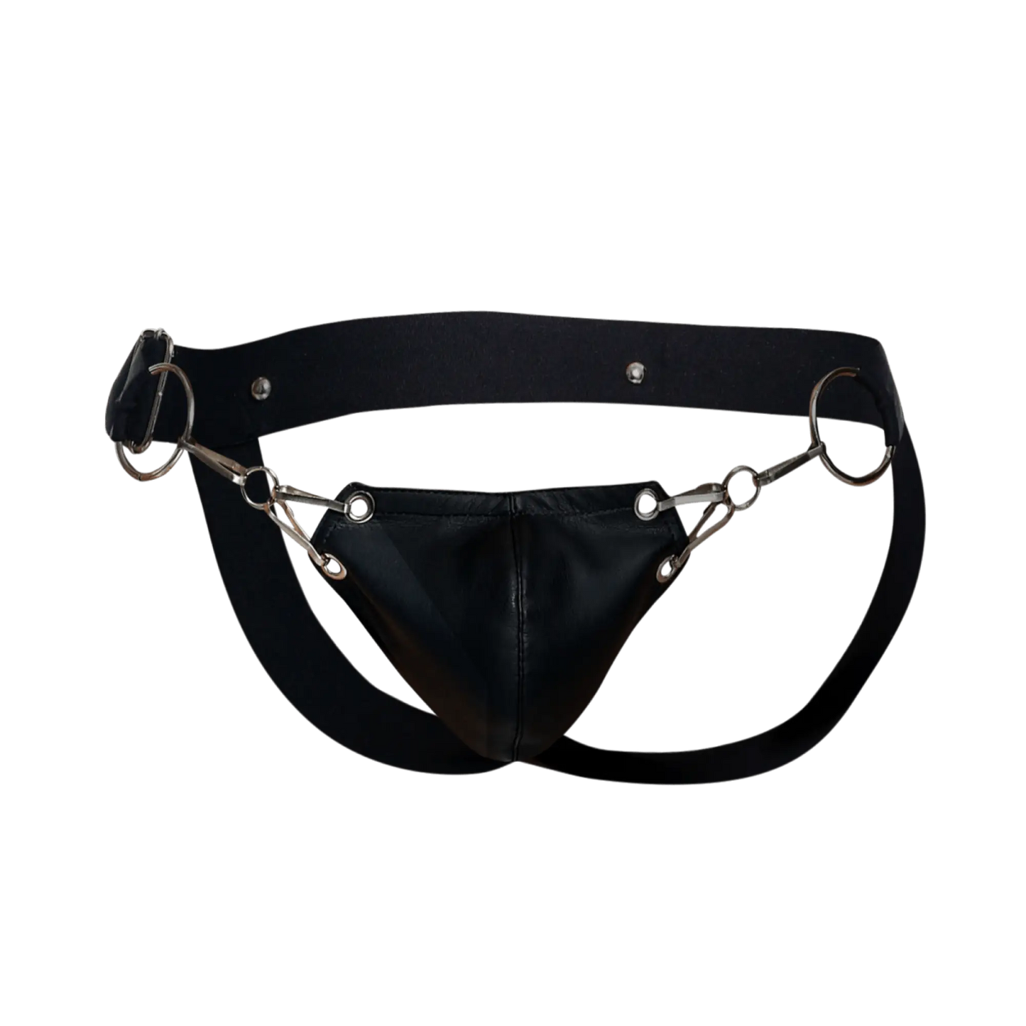Black leather dngeon snap jockstrap harness with metallic horsebit style hardware designed for secure fit