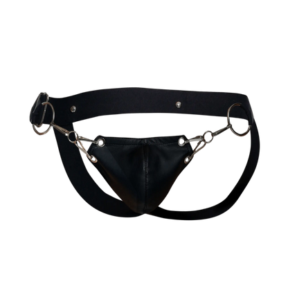 Black leather dngeon snap jockstrap harness with metallic horsebit style hardware designed for secure fit