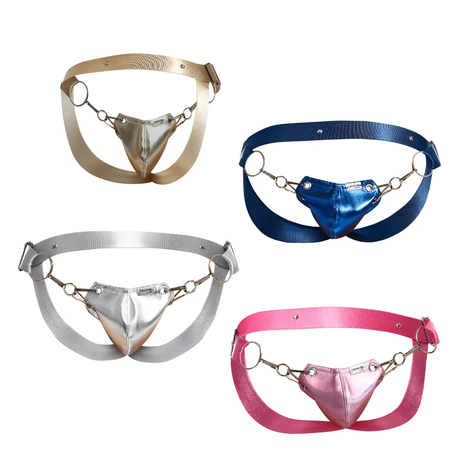 Dngeon snap jockstrap mirror with shiny metallic gold blue silver and pink adjustable harness straps and metal rings