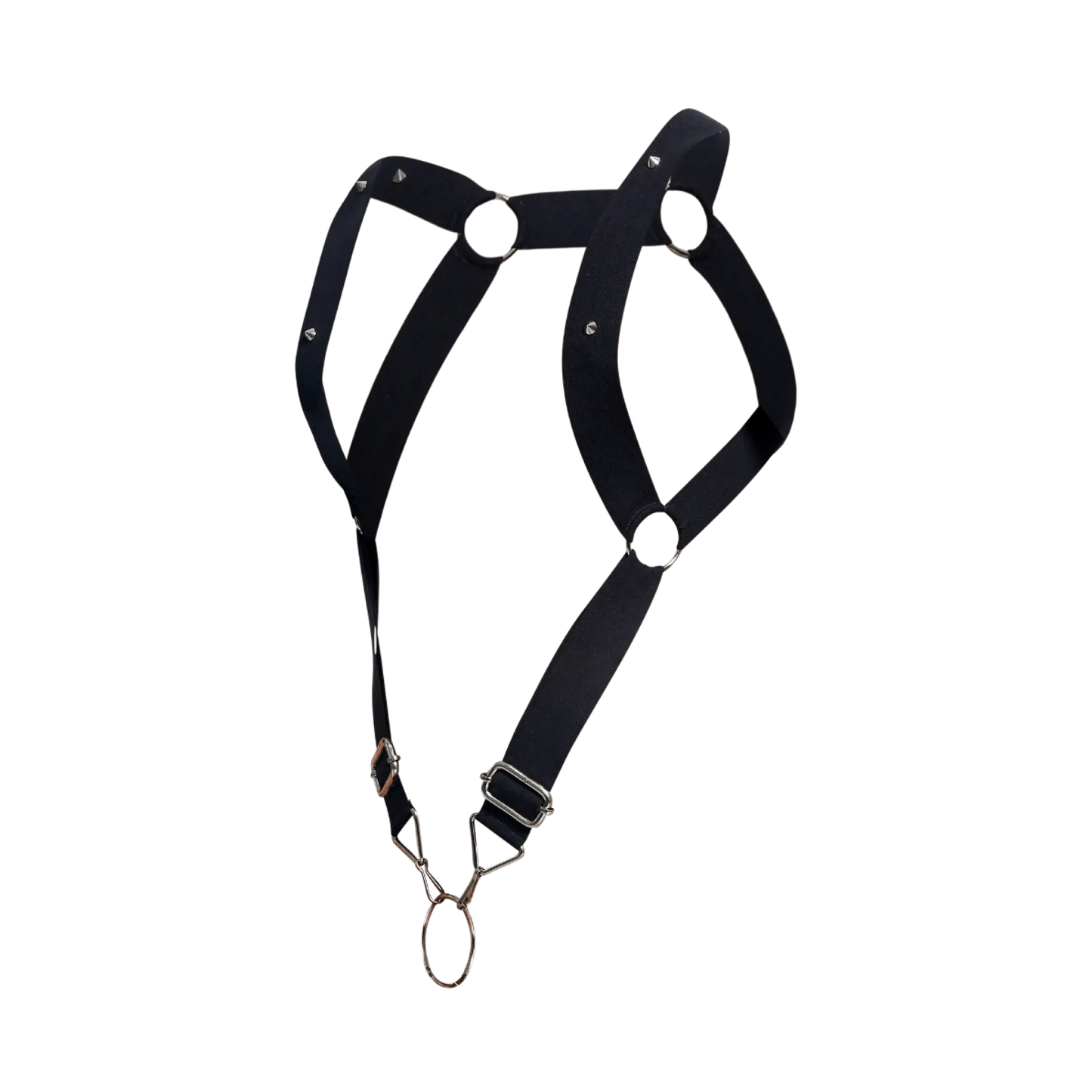 DnGeon straight back harness made of black leather with silver metal hardware and adjustable straps shown from back side