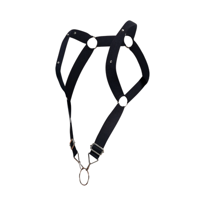 DnGeon straight back harness made of black leather with silver metal hardware and adjustable straps shown from back side