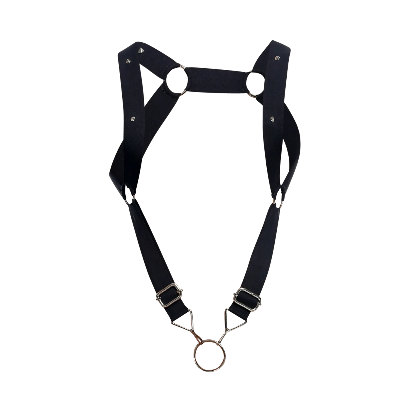 Black leather straight back harness by dngeon with silver toned metal hardware and central ring