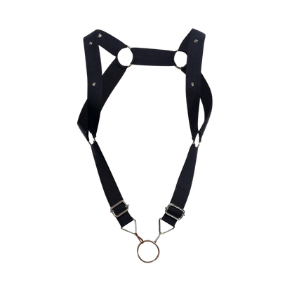 Black leather straight back harness by dngeon with silver toned metal hardware and central ring