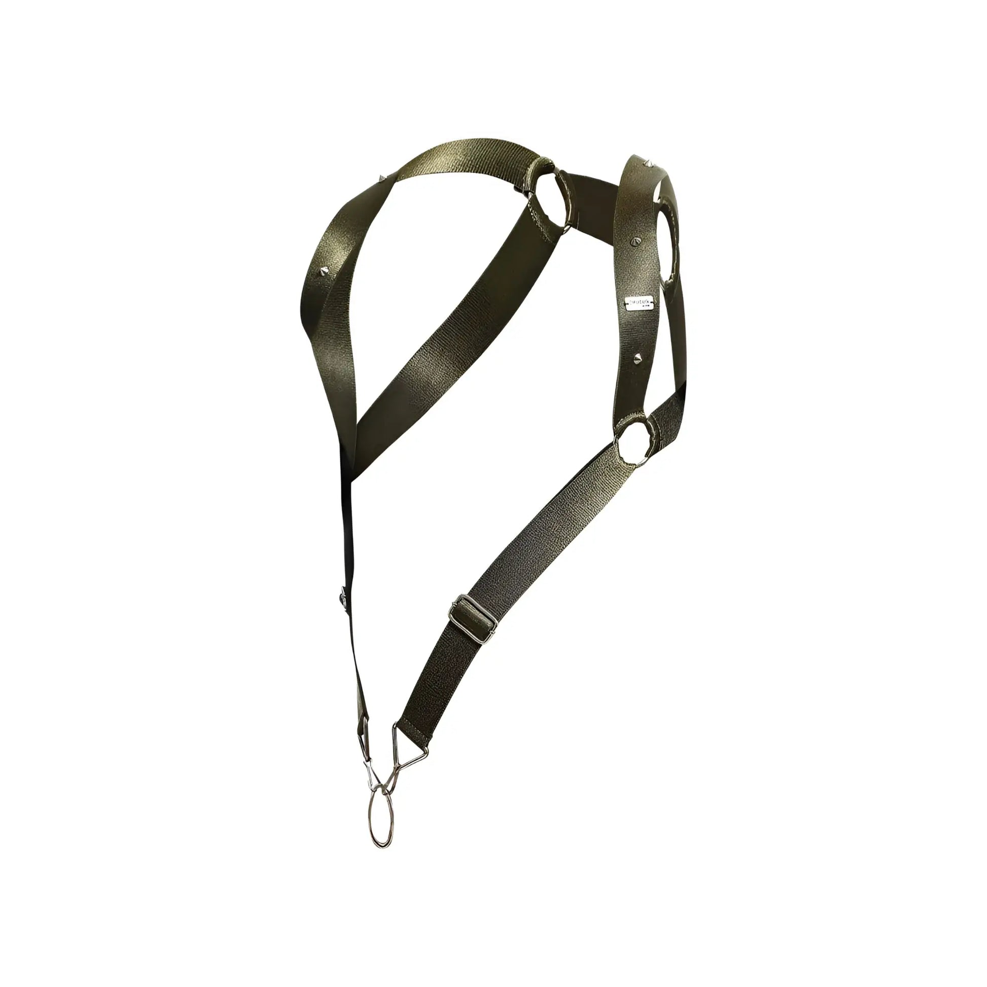 Dark olive green nylon dngeon straight back harness with metal rings and hook showing the back side of the product