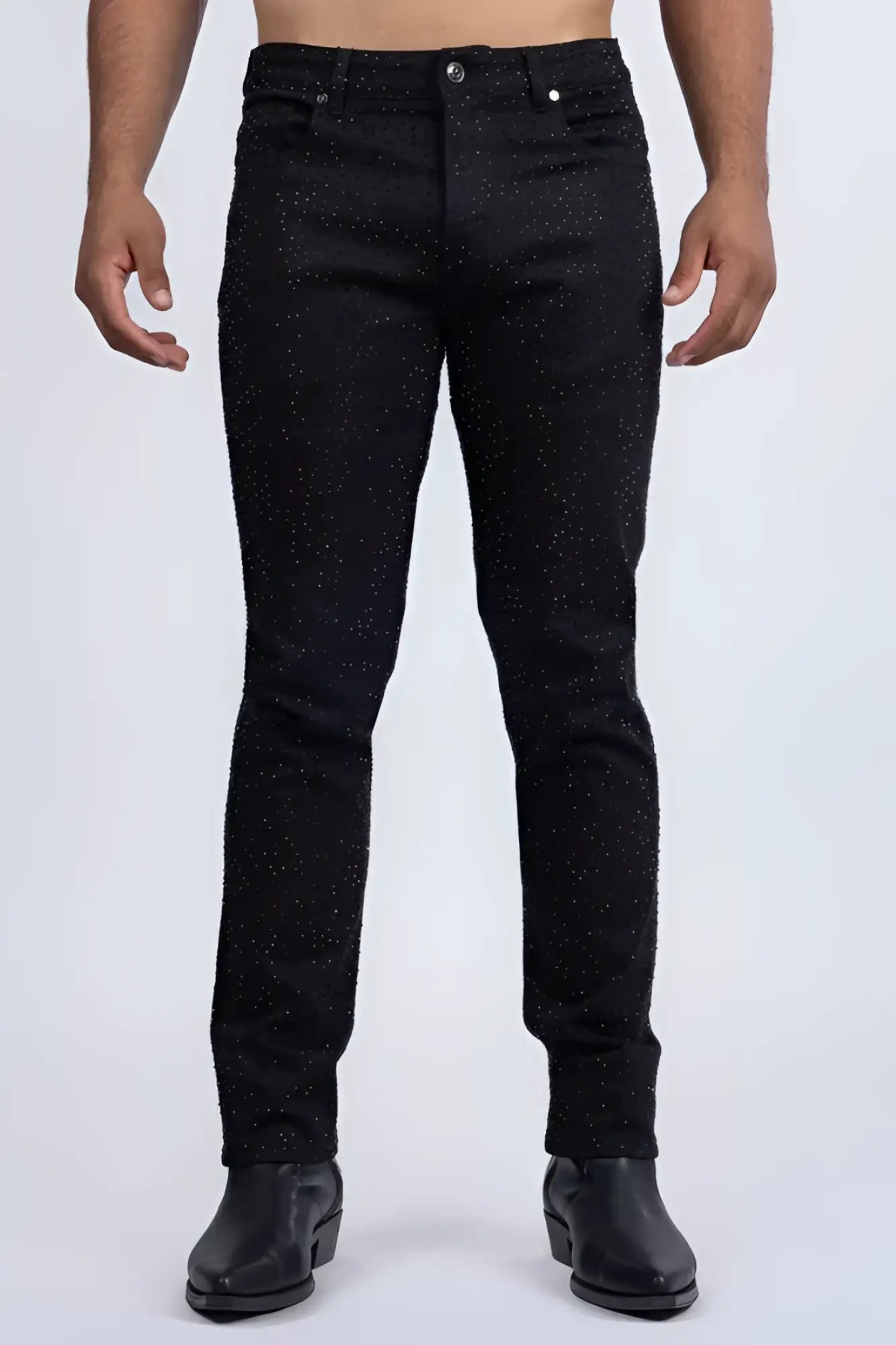 Black denim dolorosa rhinestone jeans with a subtle glittery speckle pattern for stylish casual wear