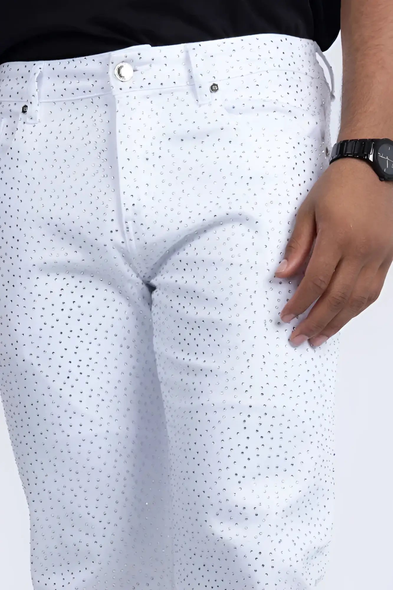 Dolorosa rhinestone jeans white denim pants with subtle small dark dot pattern across the fabric