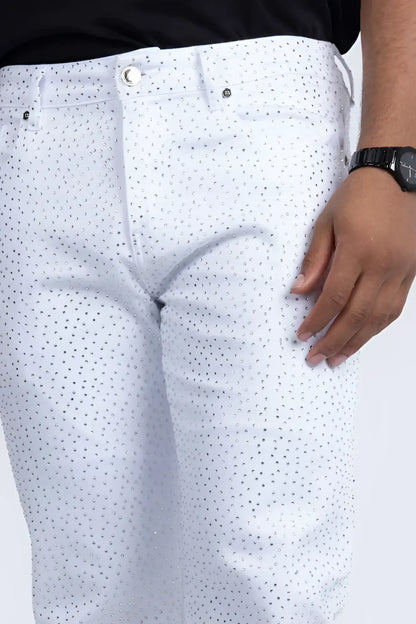 Dolorosa rhinestone jeans white denim pants with subtle small dark dot pattern across the fabric