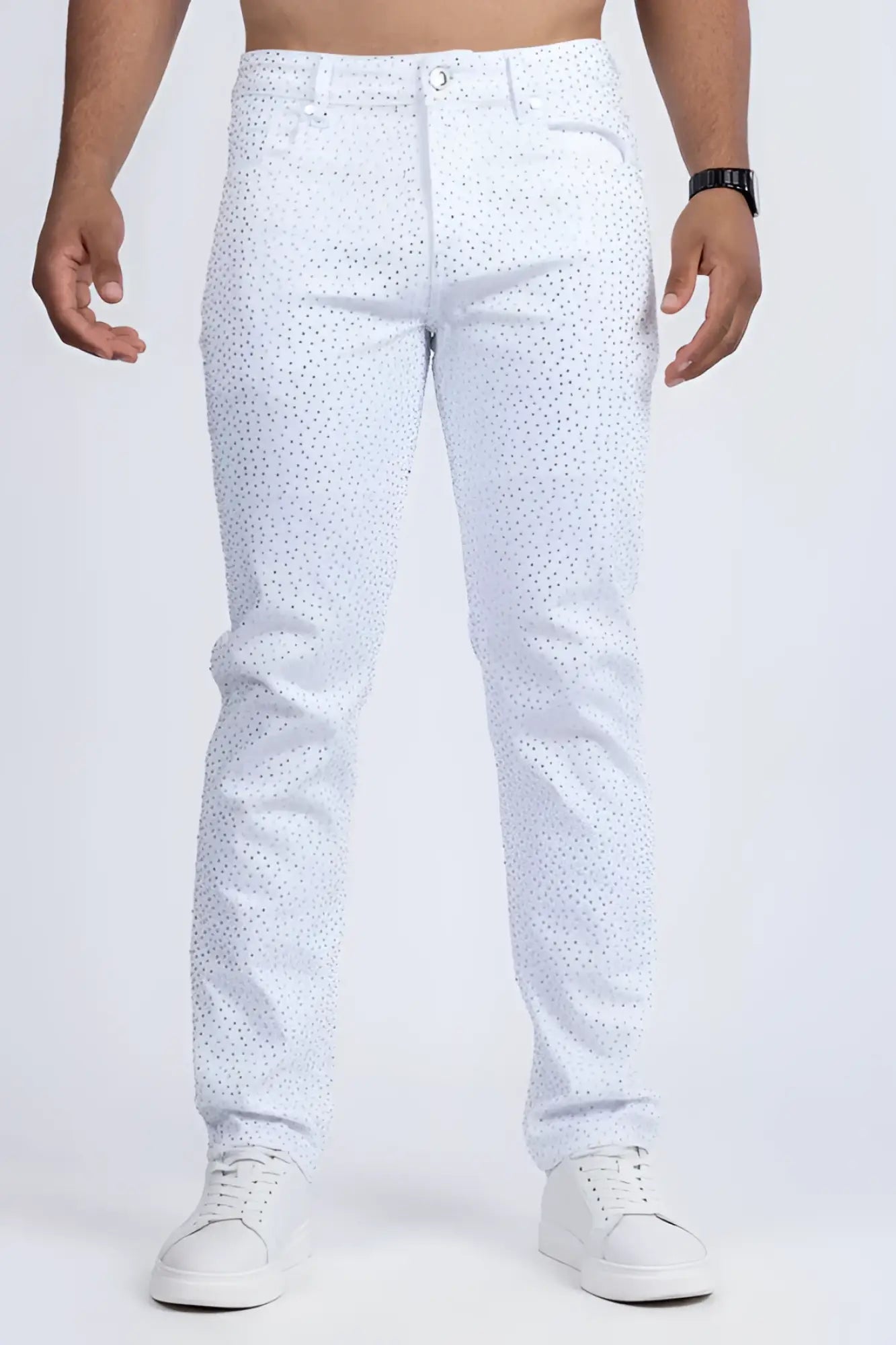 Dolorosa rhinestone jeans white denim with a subtle perforated pattern across the fabric front view