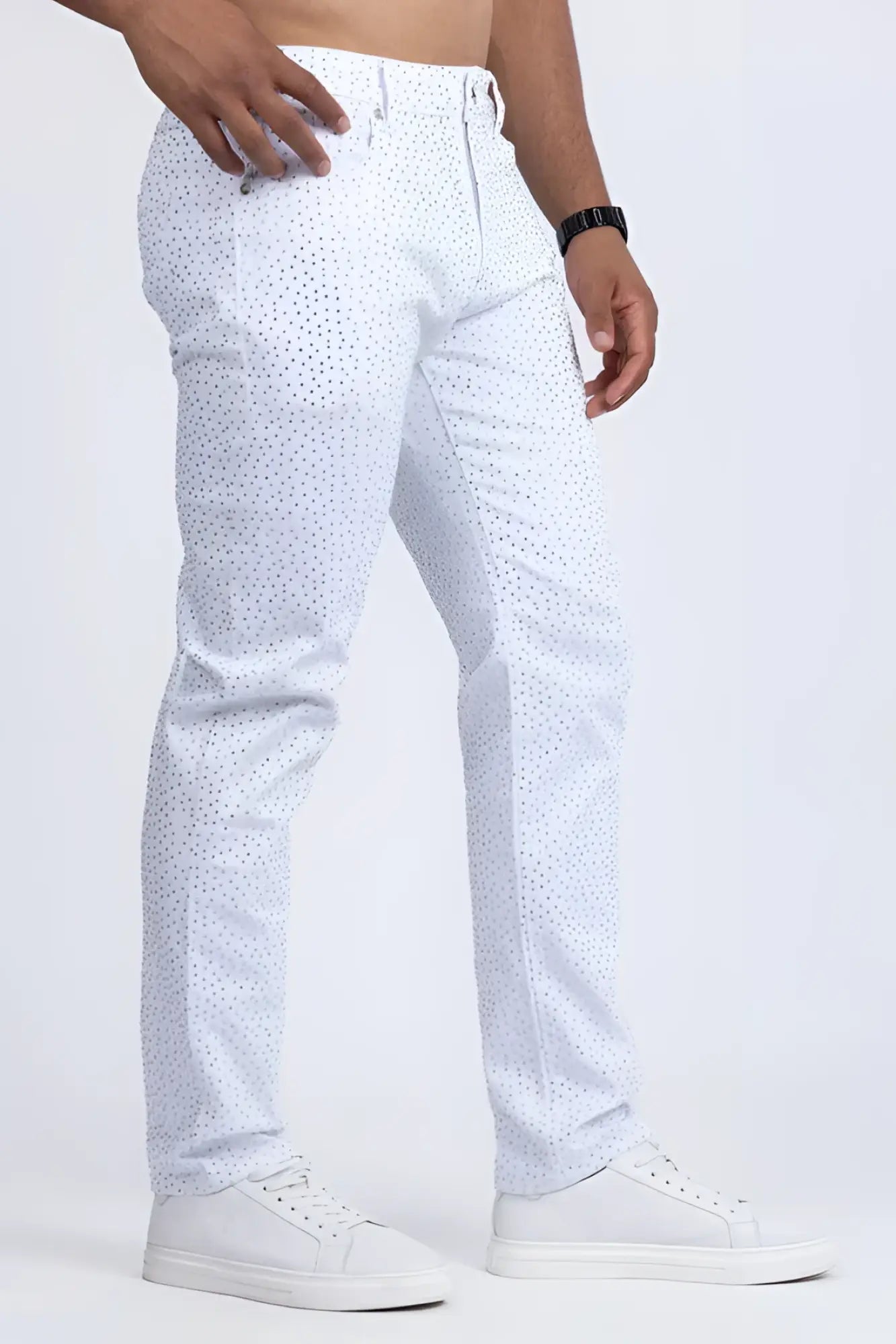Dolorosa rhinestone jeans white pants with subtle dotted pattern made of lightweight breathable fabric