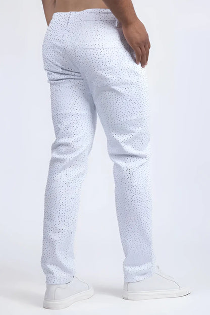Dolorosa rhinestone jeans white pants with subtle dotted pattern and rhinestone embellishments