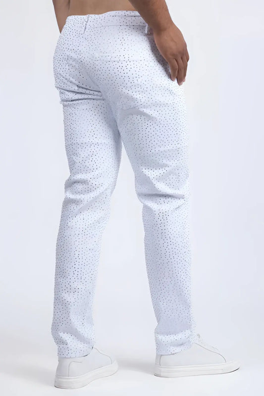 Dolorosa rhinestone jeans white pants with subtle dotted pattern and rhinestone embellishments