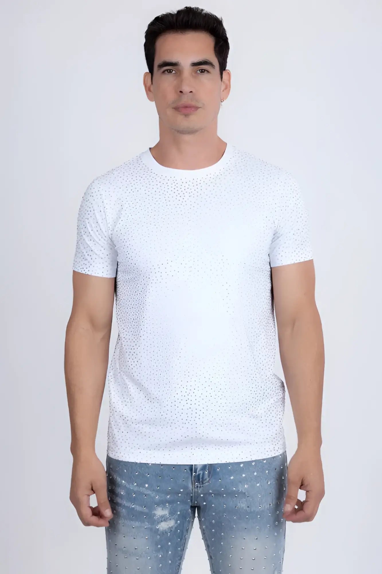 White short-sleeved dolorosa rhinestone t-shirt with subtle dotted pattern perfect for casual wear