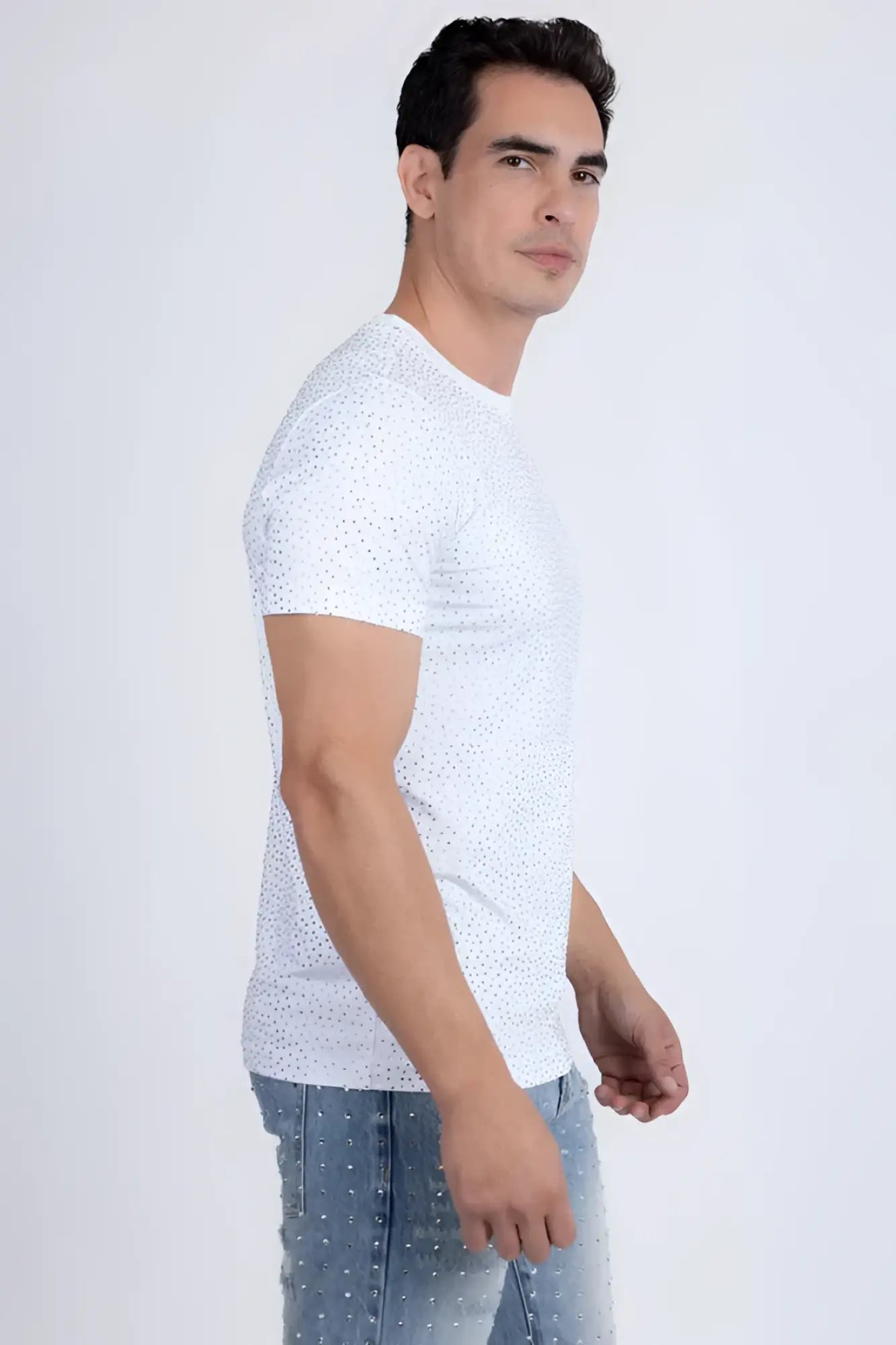 White dolorosa rhinestone t-shirt with short sleeves and a subtle dotted pattern in soft fabric
